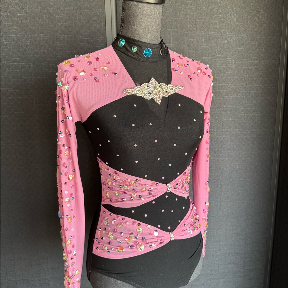 Glamour Pink and Black Rhinestone-Embellished Dance Leotard